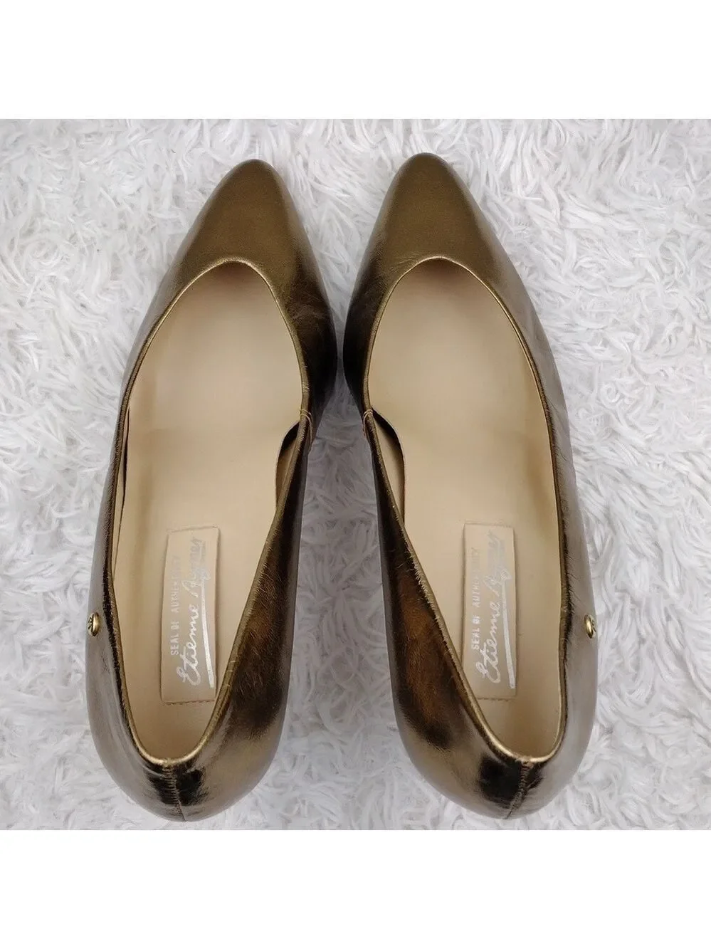Etienne Aigner Gail Gold Leather  Pointed-Toe Skinny Heel Slip On Pump Shoe